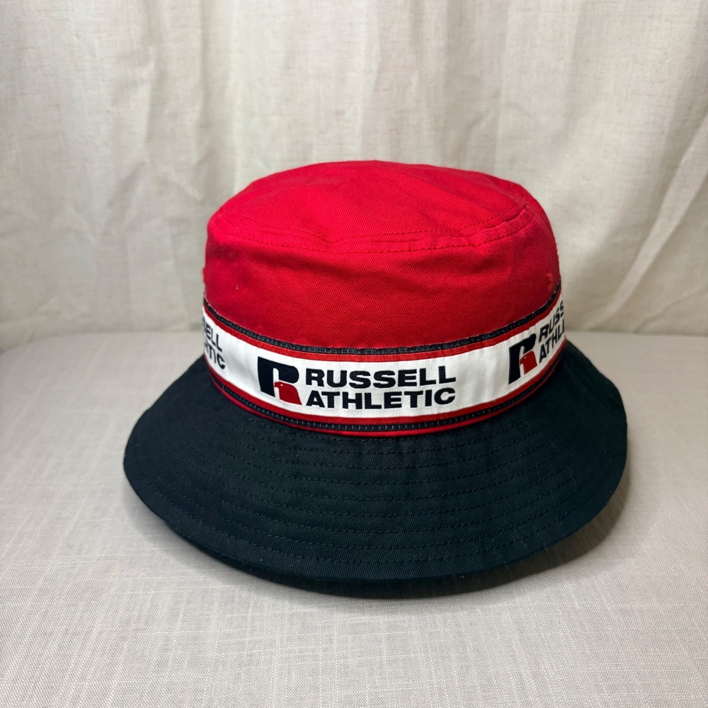 Russell Athletic Men Red Black Logo Tape Bucket Hat Streetwear Retro Sun Hat